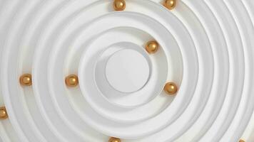 3d d'or des balles roulant le long de une blanc spirale ou hélix chemin. d'or des balles rouleau par tourbillon Labyrinthe vu de Haut et atteindre centre. concept de réalisation, atteindre buts. video