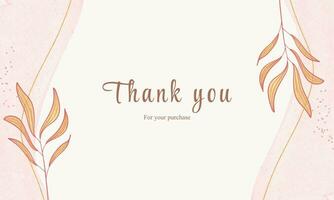 thank you for your purchase card with pink abstract waves, golden lines, and leaves design background vector