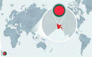 Pacífico centrado mundo mapa con magnificado bangladesh bandera y mapa de bangladesh vector