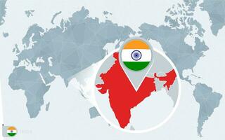 Pacífico centrado mundo mapa con magnificado India. bandera y mapa de India. vector