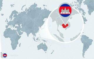 Pacific Centered World map with magnified Cambodia. Flag and map of Cambodia. vector