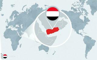 Pacific Centered World map with magnified Yemen. Flag and map of Yemen. vector