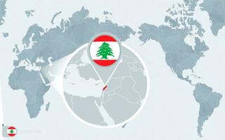 Pacífico centrado mundo mapa con magnificado Líbano. bandera y mapa de Líbano. vector