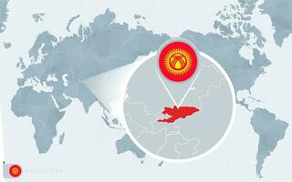 Pacific Centered World map with magnified Kyrgyzstan. Flag and map of Kyrgyzstan. vector