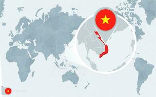 Pacífico centrado mundo mapa con magnificado Vietnam. bandera y mapa de Vietnam. vector