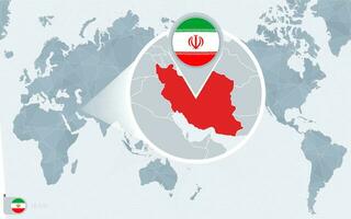 Pacific Centered World map with magnified Iran. Flag and map of Iran. vector