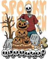 Happy Halloween. Vector illustration of a pumpkin and skeleton at the graveyard on Halloween day. Suitable for t shirt design, sticker, poster, book cover, etc