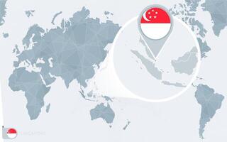 Pacific Centered World map with magnified Singapore. Flag and map of Singapore. vector