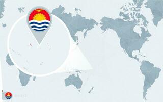 Pacífico centrado mundo mapa con magnificado kiribati bandera y mapa de kiribati vector