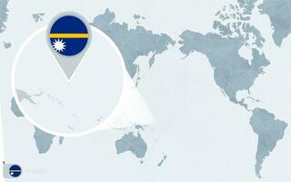 Pacífico centrado mundo mapa con magnificado nauru bandera y mapa de nauru vector