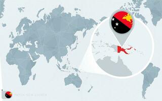 Pacific Centered World map with magnified Papua New Guinea. Flag and map of Papua New Guinea. vector