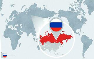 Pacific Centered World map with magnified Russia. Flag and map of Russia. vector