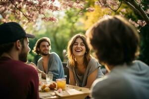 amigos compartiendo la risa y comidas debajo el pabellón de cierne arboles en un primavera jardín ai generativo foto