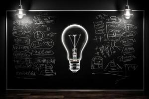 Hand-drawn light bulb on chalkboard symbolizing creativity photo