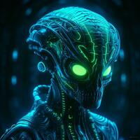 Detailed image of an alien creature brought to life in shades of bioluminescent blues and greens AI Generative photo