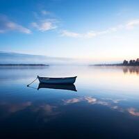 Peaceful dawn over a calm lake with a solitary rowing boat in the distance photo