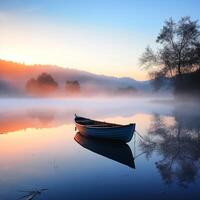 Peaceful dawn over a calm lake with a solitary rowing boat in the distance photo