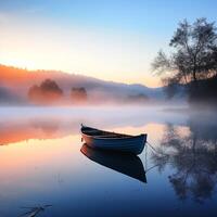 Peaceful dawn over a calm lake with a solitary rowing boat in the distance AI Generative photo