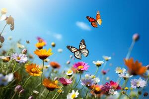 grupo de mariposas revoloteando terminado un prado de flores silvestres debajo un despejado azul cielo ai generativo foto