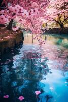 etéreo imagen de un tranquilo koi estanque rodeado por floreciente Cereza flores ai generativo foto