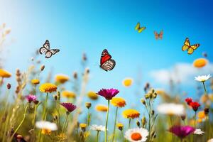 grupo de mariposas revoloteando terminado un prado de flores silvestres debajo un despejado azul cielo ai generativo foto