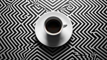 Aerial View of Steaming Coffee Cup on Geometrically Patterned Surface with Ample Copy Space AI Generative photo