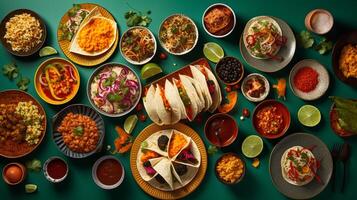 An international feast from above, a unifying spread of sushi, pasta, and tacos on a vibrant tablecloth photo
