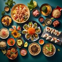 un internacional banquete desde arriba, un unificando untado de Sushi, pasta, y tacos en un vibrante Manteles ai generativo foto