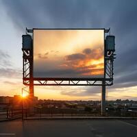 Vibrant sunset forming a fiery backdrop for a blank billboard frame, perfect for bold advertising photo