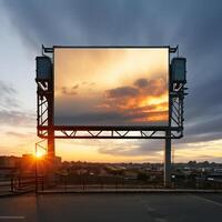 Vibrant sunset forming a fiery backdrop for a blank billboard frame, perfect for bold advertising AI Generative photo