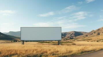 Rural tranquility featuring a blank billboard frame against rolling hills, untapped advertising potential AI Generative photo