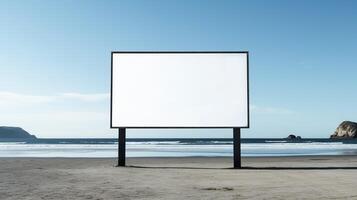 sorprendentes imagen de un blanco cartelera marco en un solitario playa, interminable publicidad posibilidades ai generativo foto