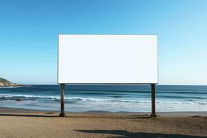 sorprendentes imagen de un blanco cartelera marco en un solitario playa, interminable publicidad posibilidades ai generativo foto