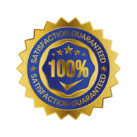 100 Percent Customer Satisfaction Guaranteed Badge, Label, Emblem, Rubber Stamp, 3D Realistic Glossy And Shiny Satisfaction Client Icon, Certified Quality Control Seal Satisfied Badge, Happy Customers png