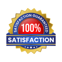 100 Percent Customer Satisfaction Guaranteed Badge, Label, Emblem, Rubber Stamp, 3D Realistic Glossy And Shiny Satisfaction Client Icon, Certified Quality Control Seal Satisfied Badge, Happy Customers png