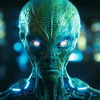 Detailed image of an alien creature brought to life in shades of bioluminescent blues and greens AI Generative photo