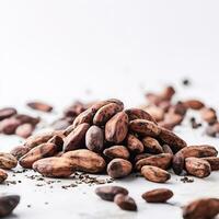 Ethereal Close-up of Cocoa Beans Against Crisp White Background with Left Copyspace AI Generative photo