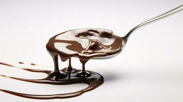 Luscious Chocolate Sauce Dripping from Silver Spoon Against Stark White Background AI Generative photo