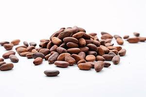 Ethereal Close-up of Cocoa Beans Against Crisp White Background with Left Copyspace AI Generative photo