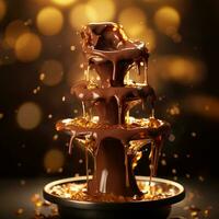 Chocolate Fountain Gushing Against Illuminated Backdrop with Left Copyspace AI Generative photo