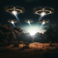 Dramatic depiction of a UFO fleet in the night sky signaling a possible alien encounter AI Generative photo