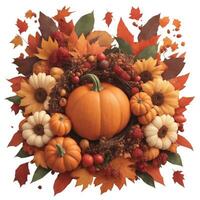 round autumn decoration leaves and pumpkins for thanksgiving or halloween photo