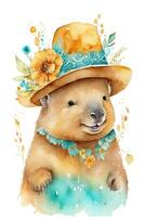 wombat in a boho hat on a white background photo