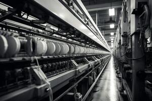 Modern textile factory with automated looms weaving patterns photo
