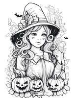 girl halloween coloring page with jack-o'-lantern pumpkins photo