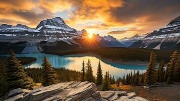 Ethereal Landscape Shot Capturing the Sun's Golden Hue Over Majestic Mountains and Serene Lakes AI Generative photo