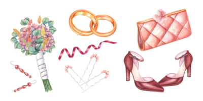 uppsättning av bröllop Tillbehör. koppling, gyllene ringar, pärla hårnålar, örhängen, brudar bukett, kvinna läder skor med hög hälar, satin band. vattenfärg illustration för bröllop design png