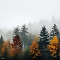 Misty forest during autumn with tall trees and multicolored leaves, providing ample copy space AI Generative photo