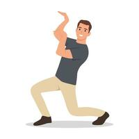 Friendly young man with short medium brown hair in casual outfit dancing vector