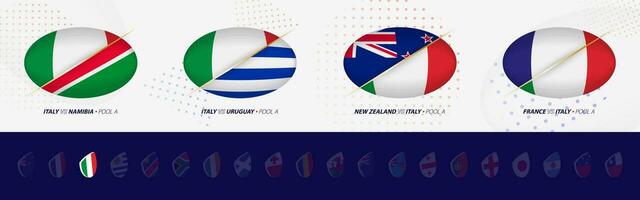 Rugby competition icons of Italy rugby national team, all four matches icon in pool. vector
